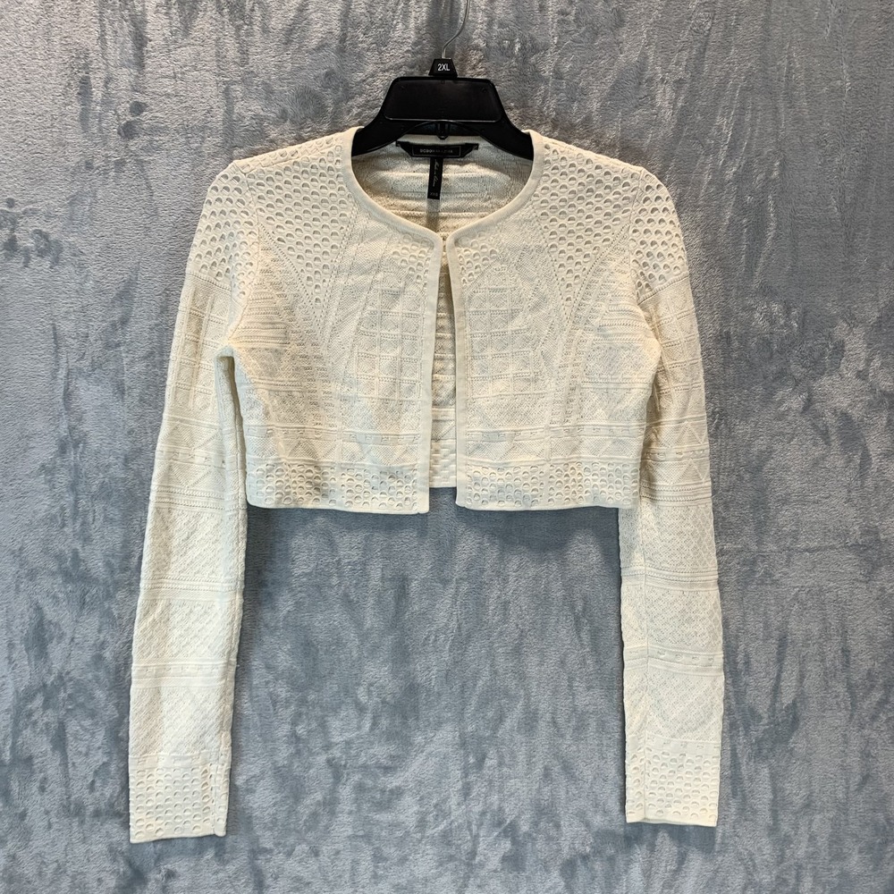BCBG Max Azria Cardigan Sweater XXS Ivory Silk Blend Cropped Long Sleeve Crochet